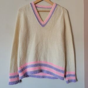 Vintage Handmade Cream White with Pastel Stripes Kawaii Knit V-Neck Sweater Sz M